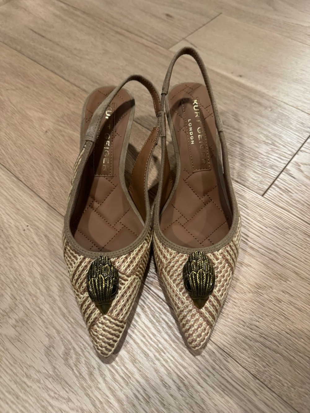 Kurt Geiger Tan & Cream Woven Pointed Slingback Flats with Gold Accent